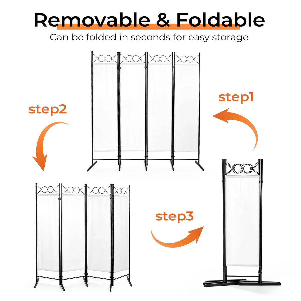 4-Panel Folding Room Divider Screen with Carbon Steel Frame and Polyester Fabric – Freestanding Privacy Screen, Off-White