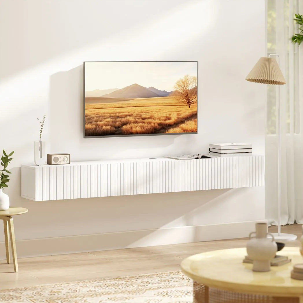 HOMCOM Floating TV Stand with Fluted Doors and Cable Hole – Wall-Mounted TV Unit for TVs up to 72", White