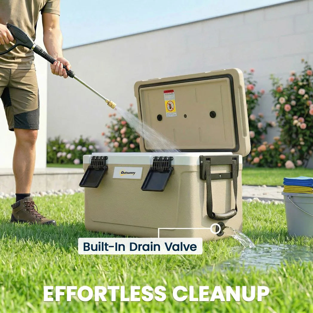 Outsunny 42.6L Insulated Cool Box with Handles, Lid & Drain Valve – Portable Camping Ice Cooler, Khaki