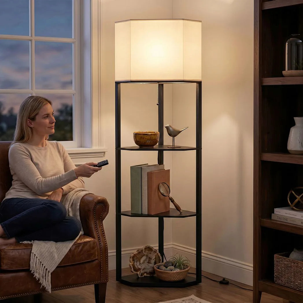 HOMCOM Corner Floor Lamp with Shelves and Lights