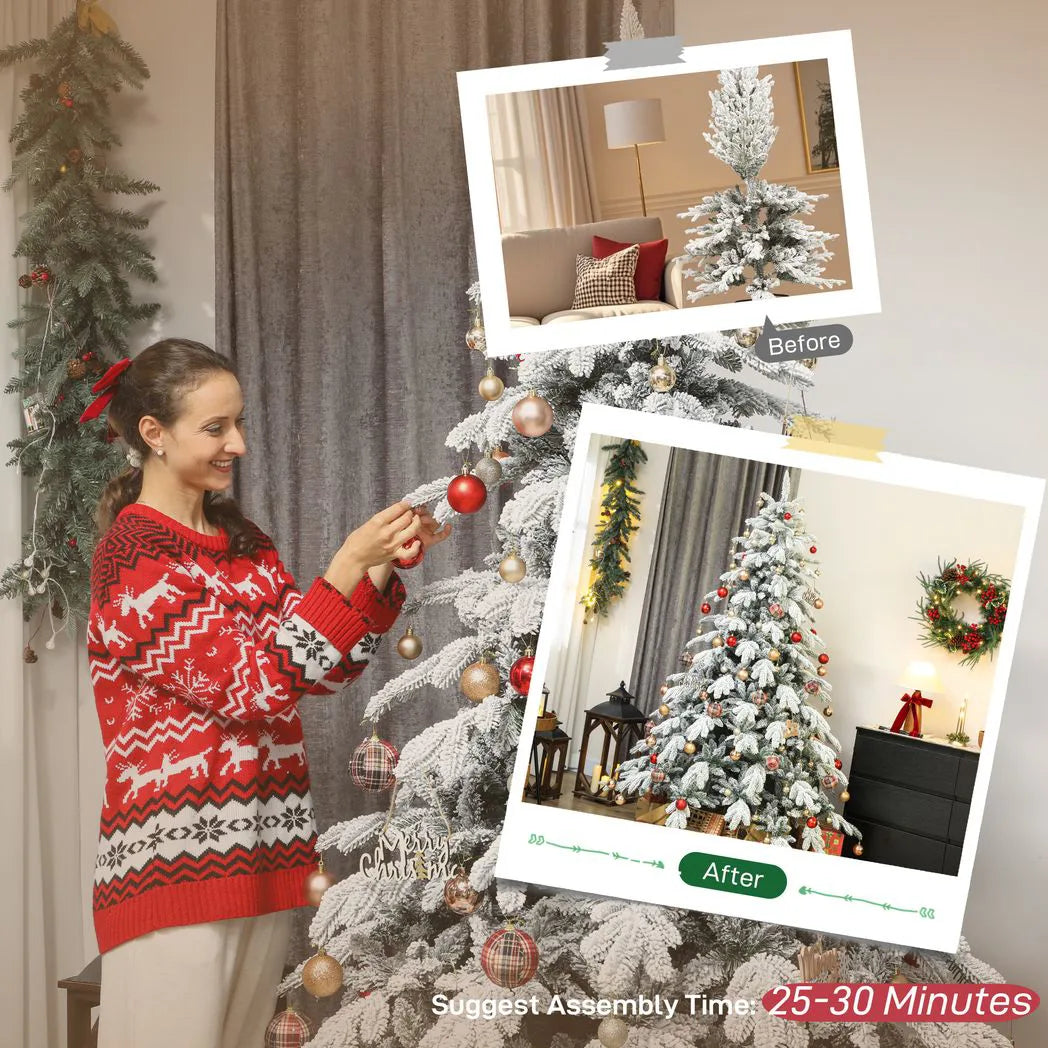 HOMCOM 7ft Super Flocked Christmas Tree with 1866 Branches – Full-Bodied Snowy Artificial Tree, Green and White