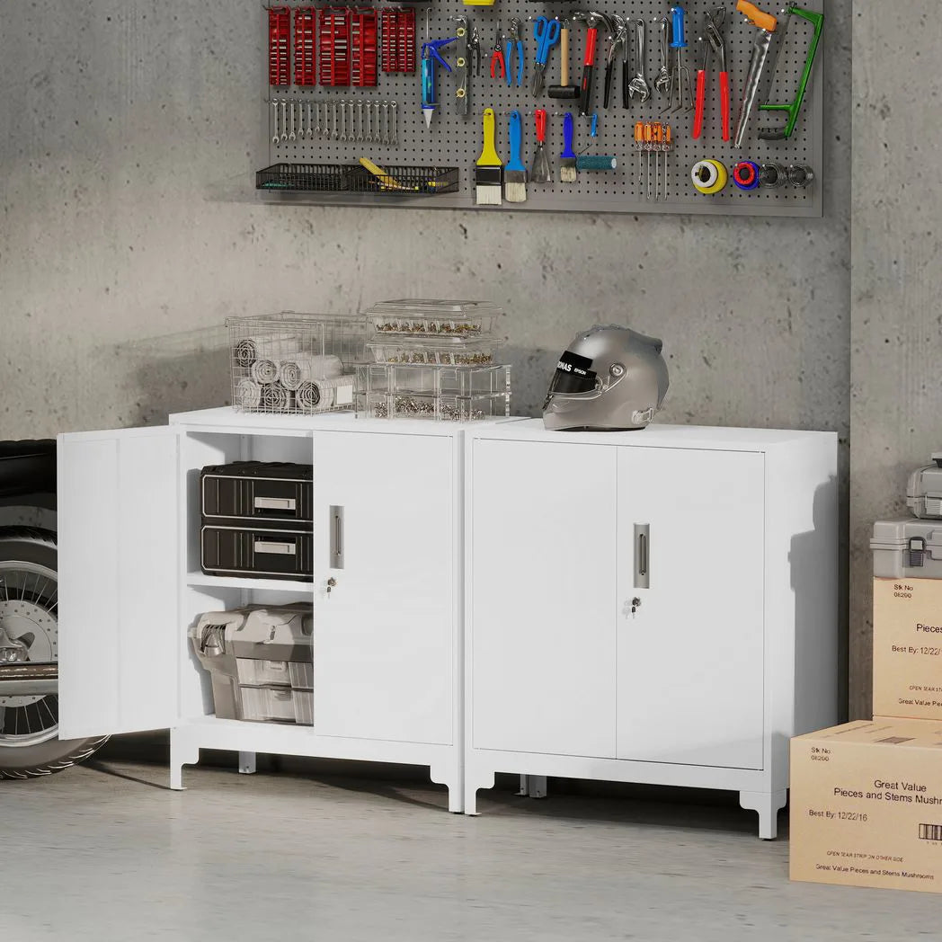 HOMCOM Lockable Metal Filing Cabinet with 2 Shelves, Double Doors & Anti-Tip Straps – Office Storage, White
