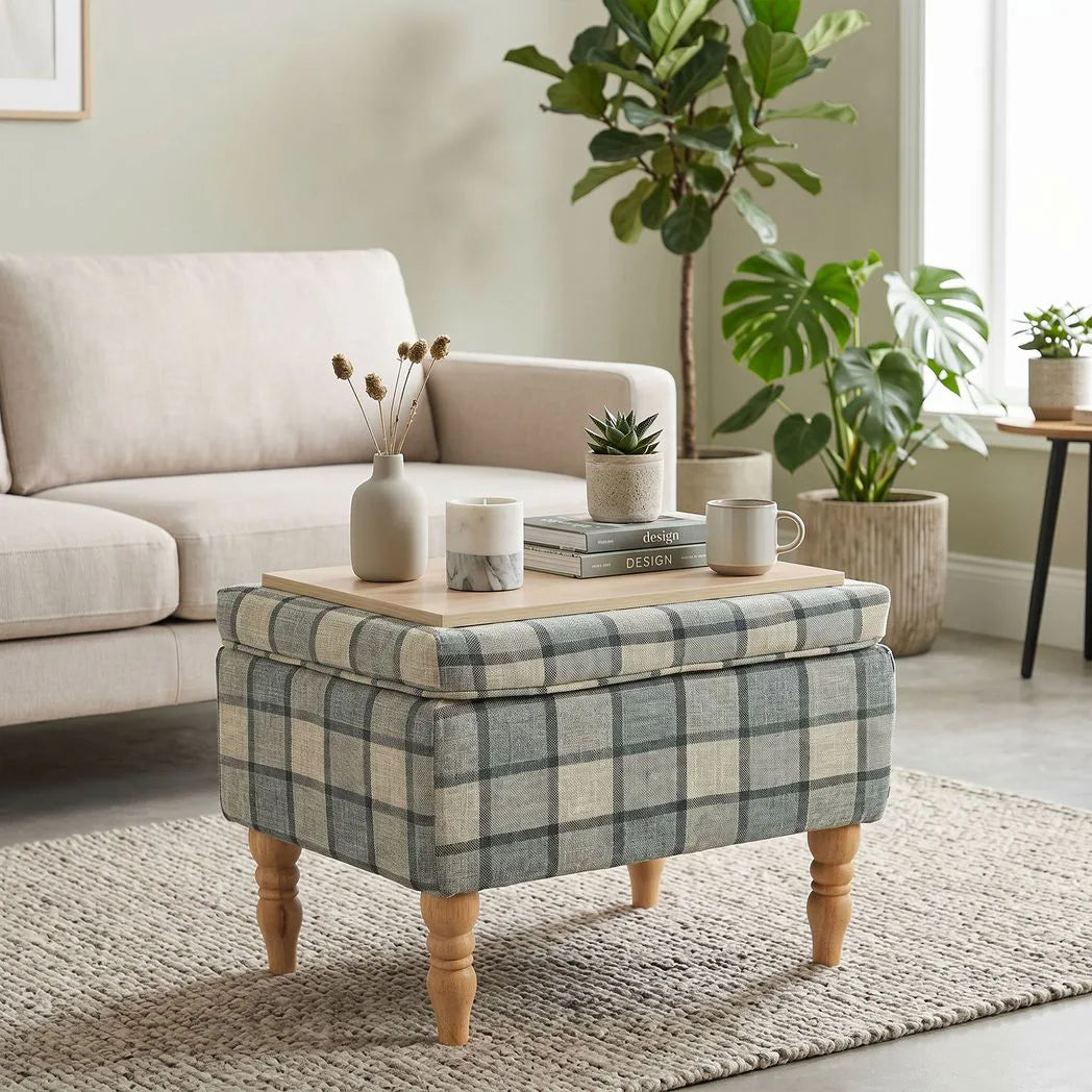 HOMCOM Linen Upholstered Footstool with Hidden Storage – Rectangular Ottoman with Flip-Top Tray Lid, Grey
