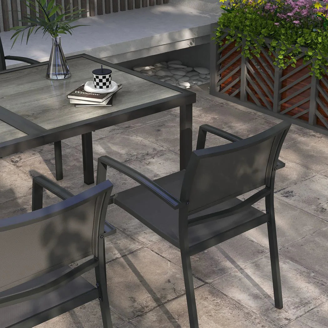 Outsunny Five-Piece Outdoor Dining Set with Wood-Effect Table and 4 Stackable Chairs – Garden Furniture, Grey