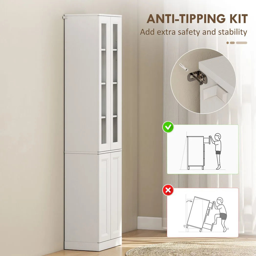 HOMCOM Tall Bathroom Storage Cabinet with 6 Tiers, Adjustable Shelf and 4 Soft-Close Doors – Slim Floor Cabinet, White