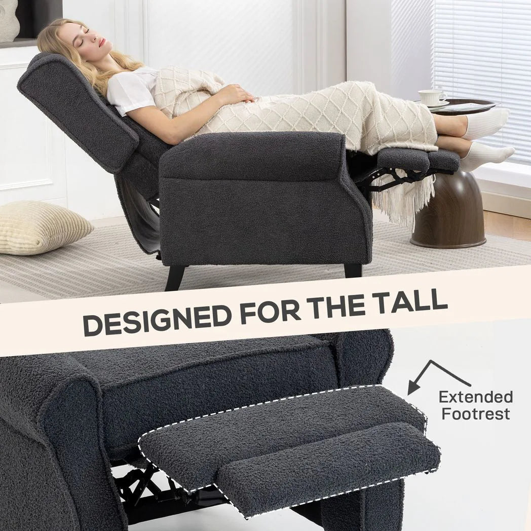 HOMCOM 132° Push-Back Recliner Armchair with Extended Footrest and Steel Frame – Living Room Chair, Dark Grey