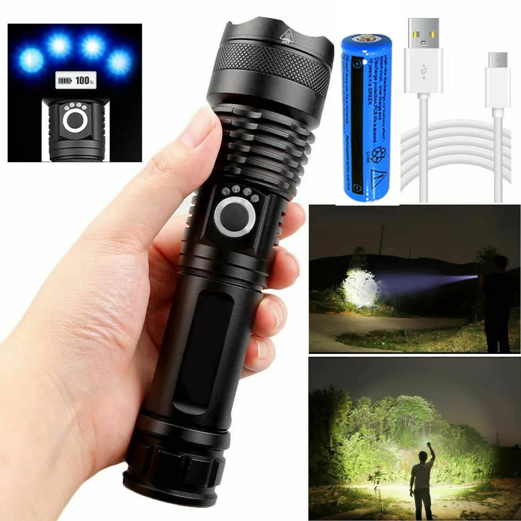 USB Rechargeable LED Flashlight with 5 Modes – Zoomable Aluminium Torch for Camping and Hiking, Black