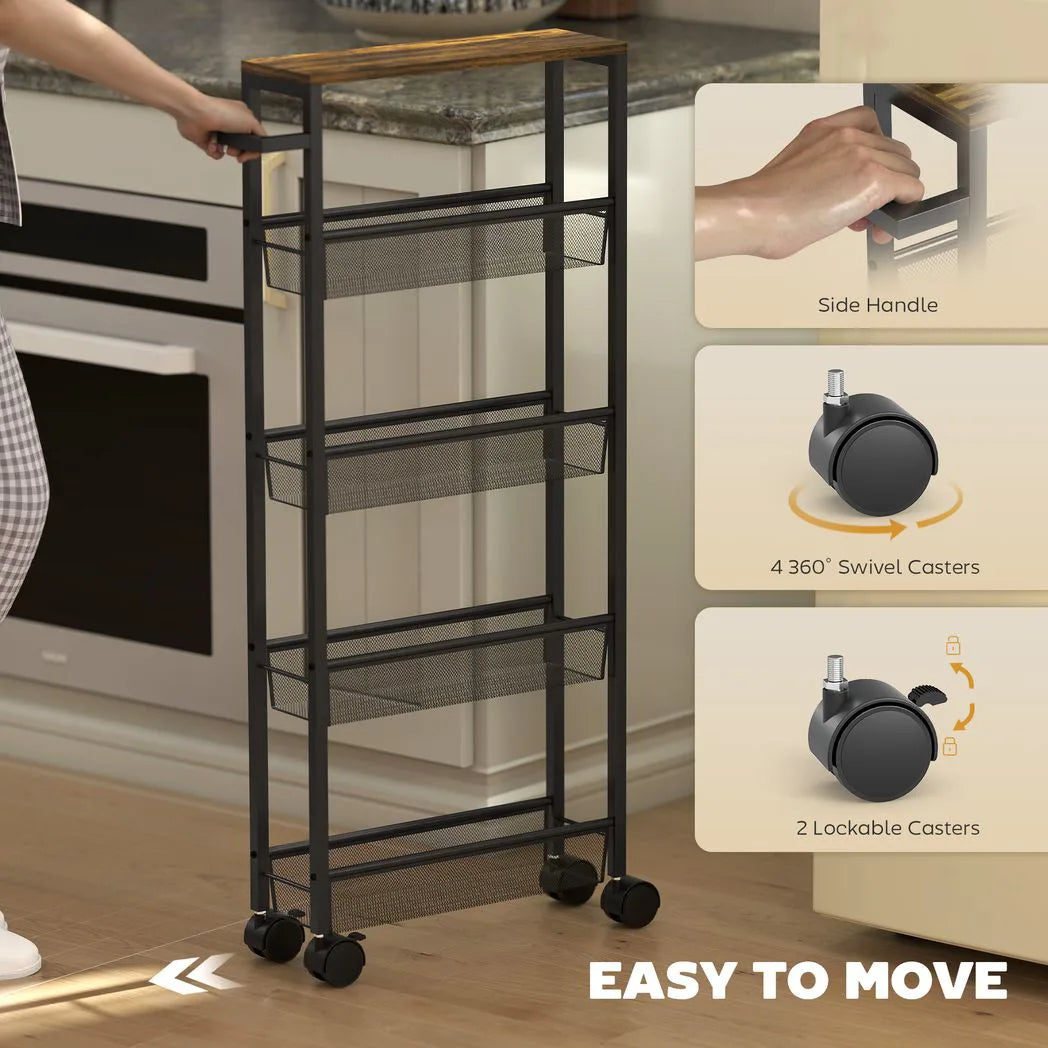 HOMCOM Slim 5-Tier Storage Trolley with Wood-Effect Top, 4 Mesh Baskets and Swivel Wheels – Kitchen Cart, Black