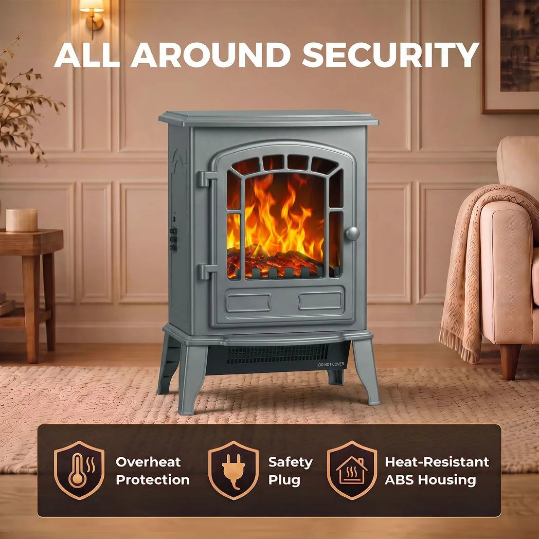 HOMCOM Electric Fireplace Stove, 1000W/2000W Freestanding Fire with LED Flame and Thermostat – Grey