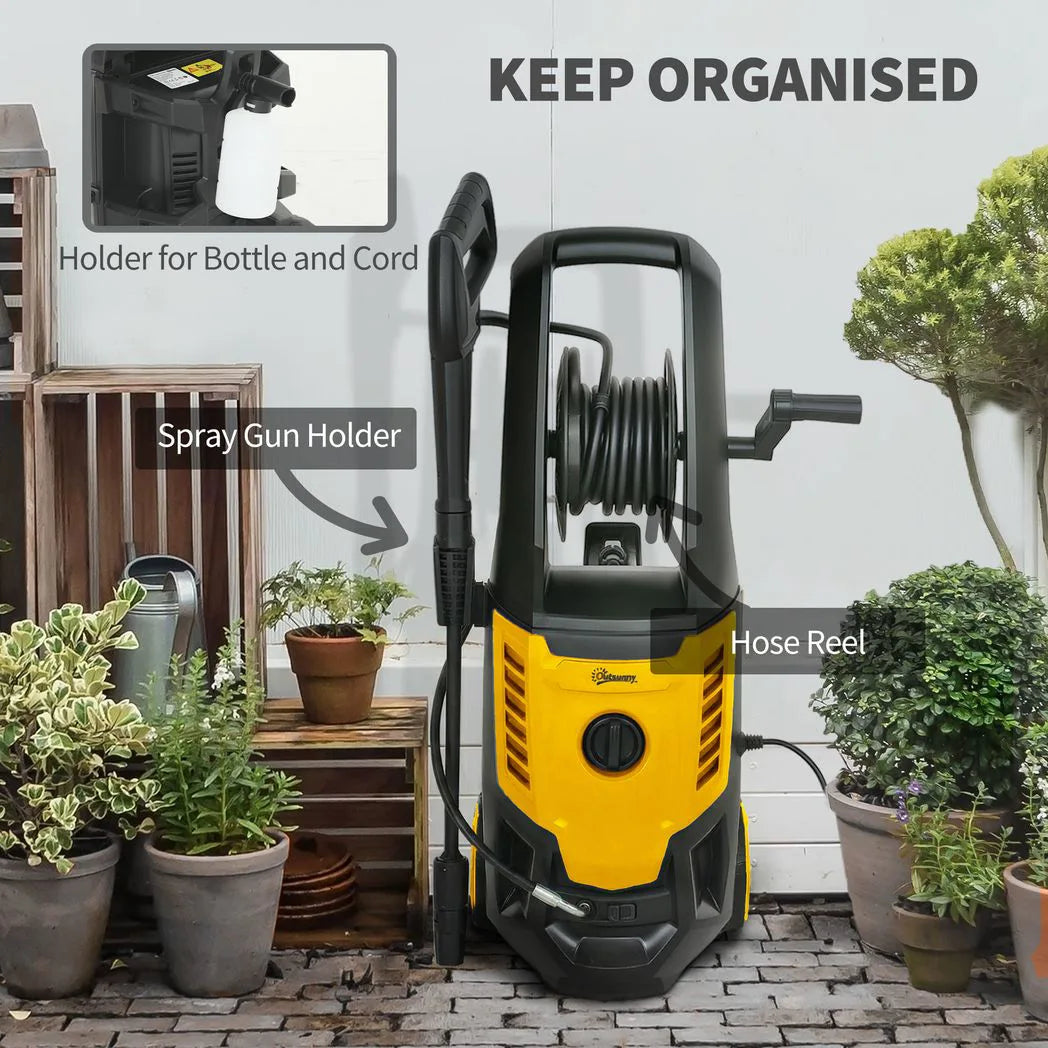 Outsunny 2200W Pressure Washer, 170 Bar with Adjustable Nozzle, Snow Foam Bottle & 6m Hose – Jet Washer, Yellow
