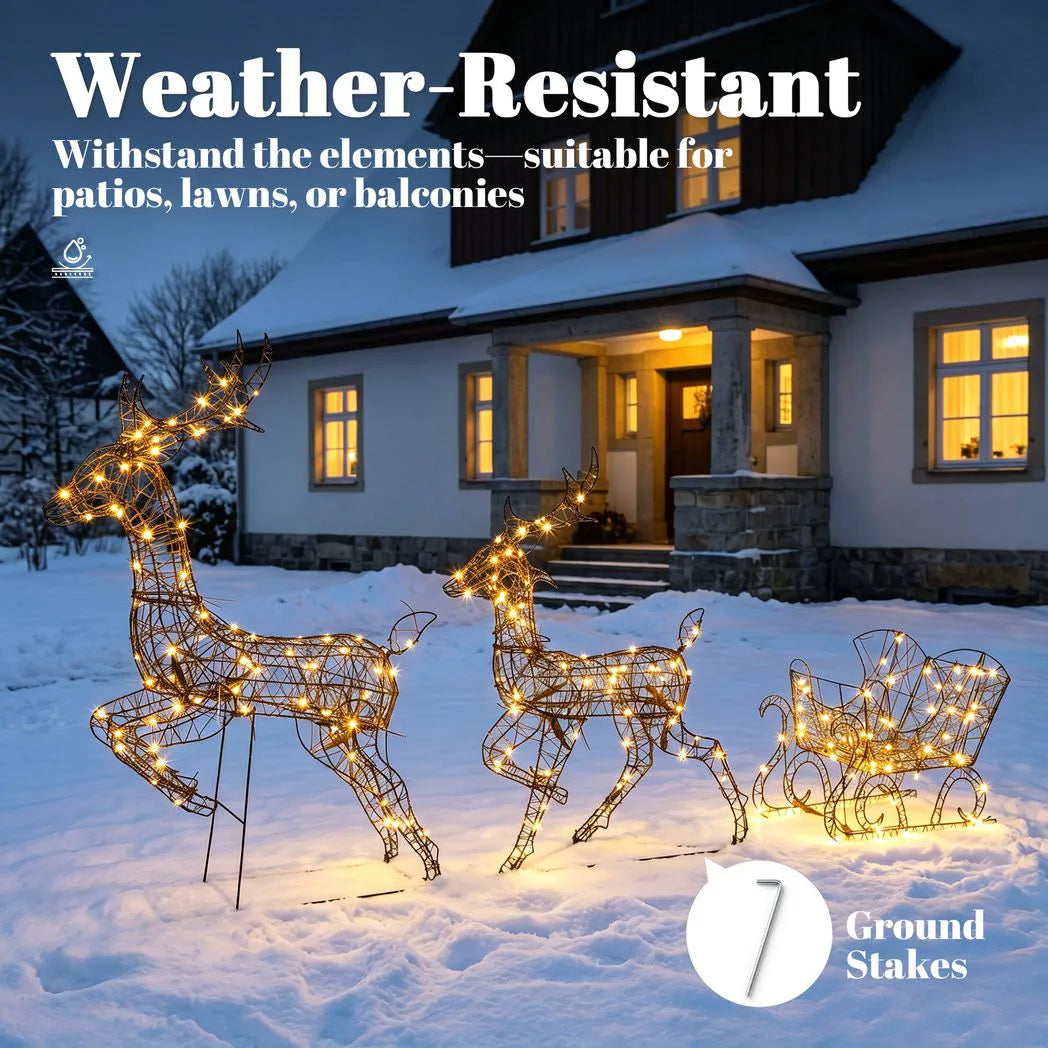 Outsunny Lighted Rattan Reindeer & Sleigh – 3 Piece