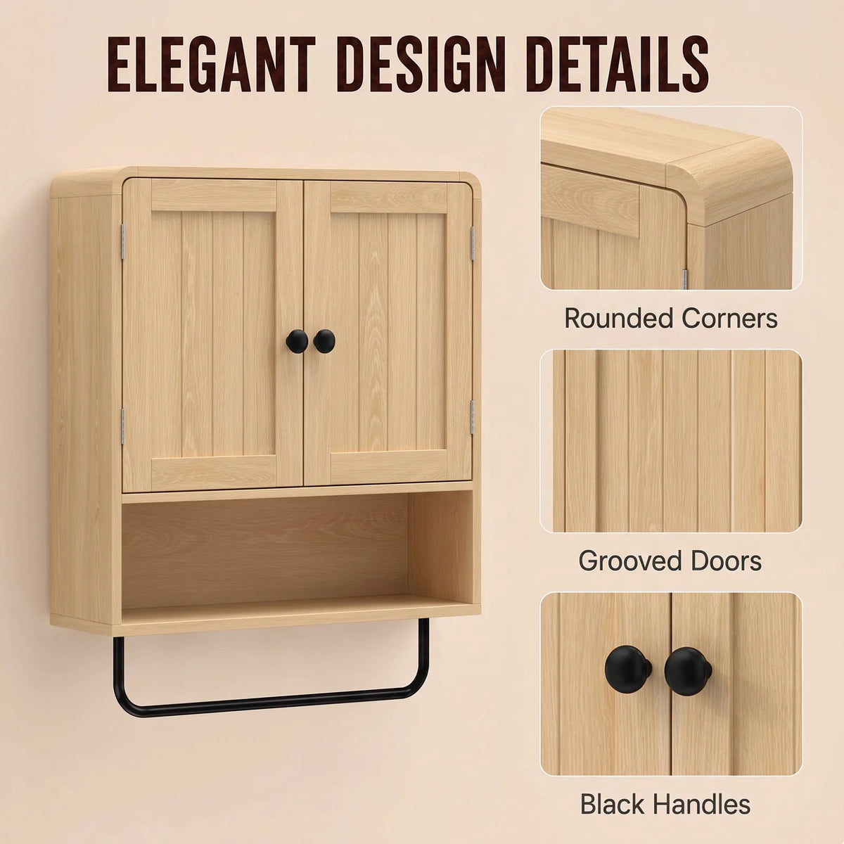 HOMCOM Wall-Mounted Bathroom Cabinet with 2 Doors, Open Shelf and Towel Rail – Bathroom Storage, Oak