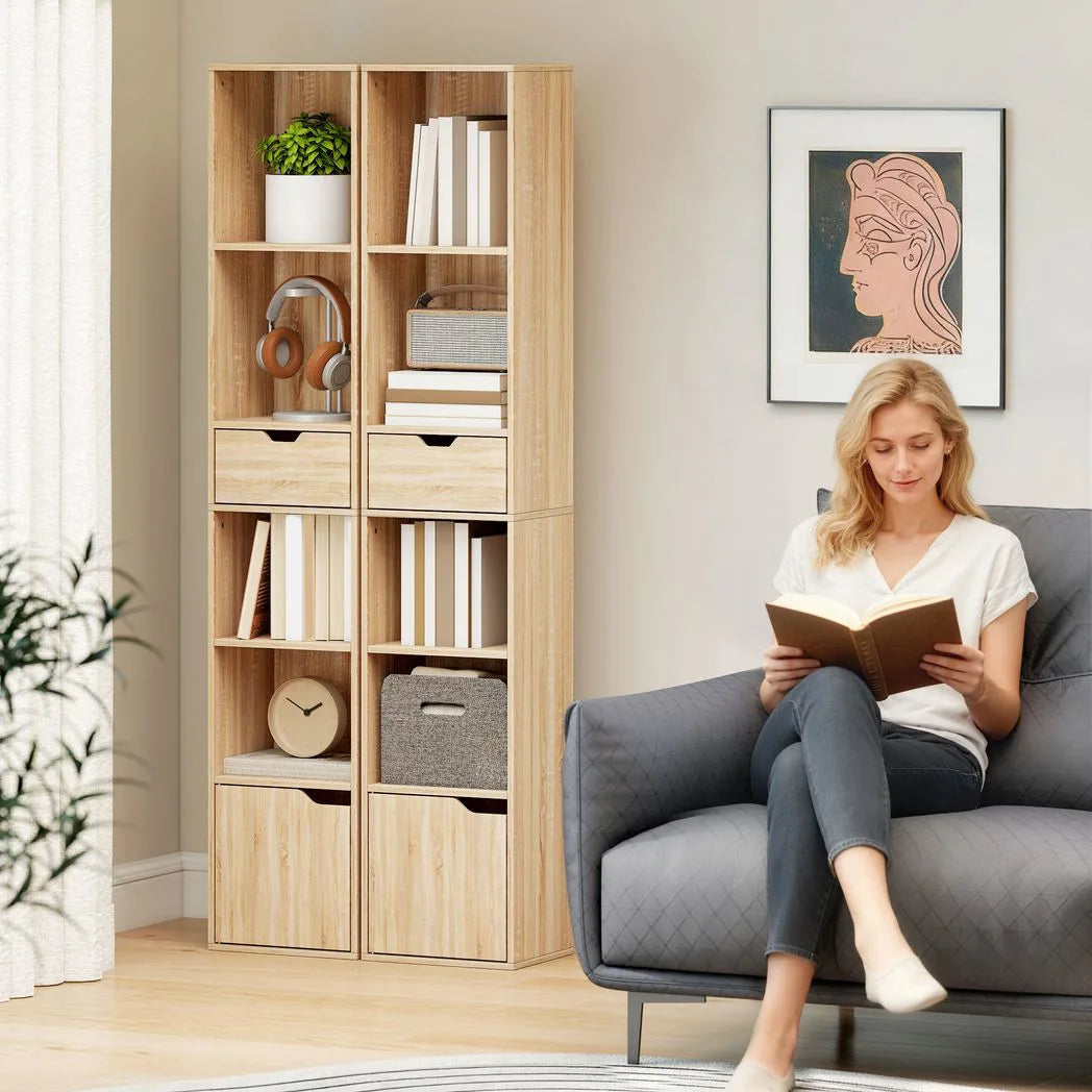 HOMCOM 6-Tier Tall Narrow Bookcase with Drawer, Cupboard and Anti-Tip Kit – Natural Wood Finish