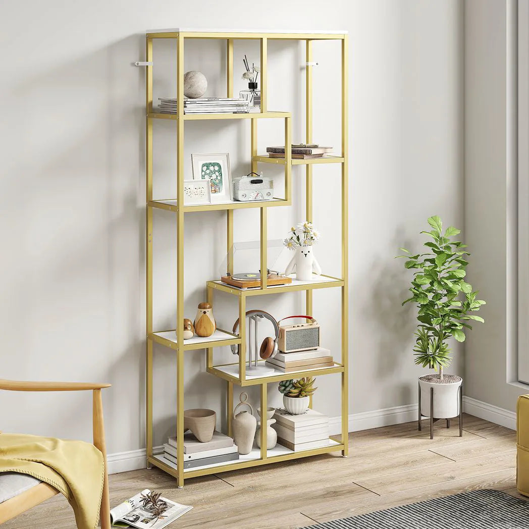 HOMCOM Seven-Tier Geometric Bookcase with Metal Frame – Asymmetrical Display Shelf, White/Gold Tone