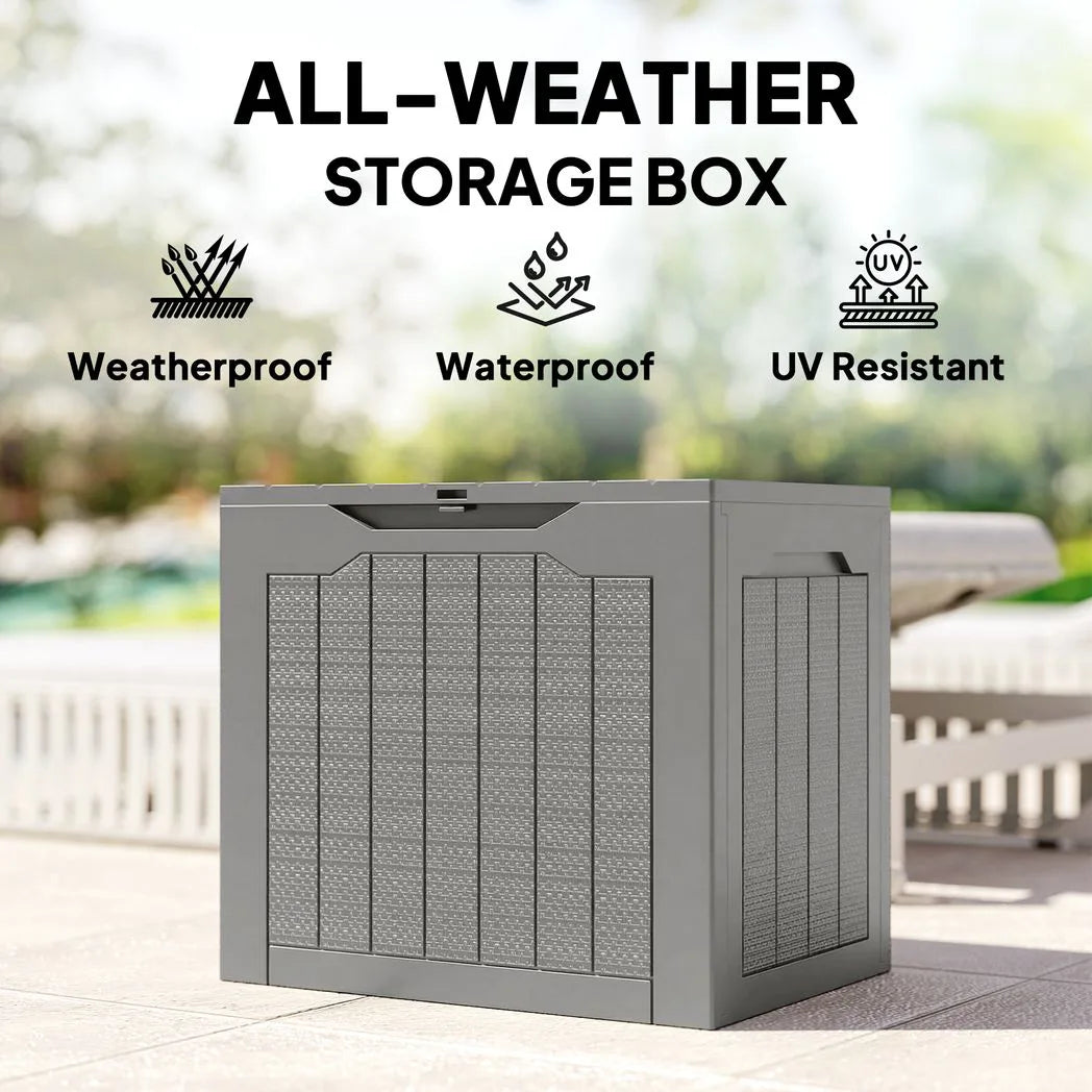 Outsunny 73L Plastic Garden Storage Box with Handles and Padlock Loop – Waterproof Outdoor Container, Khaki