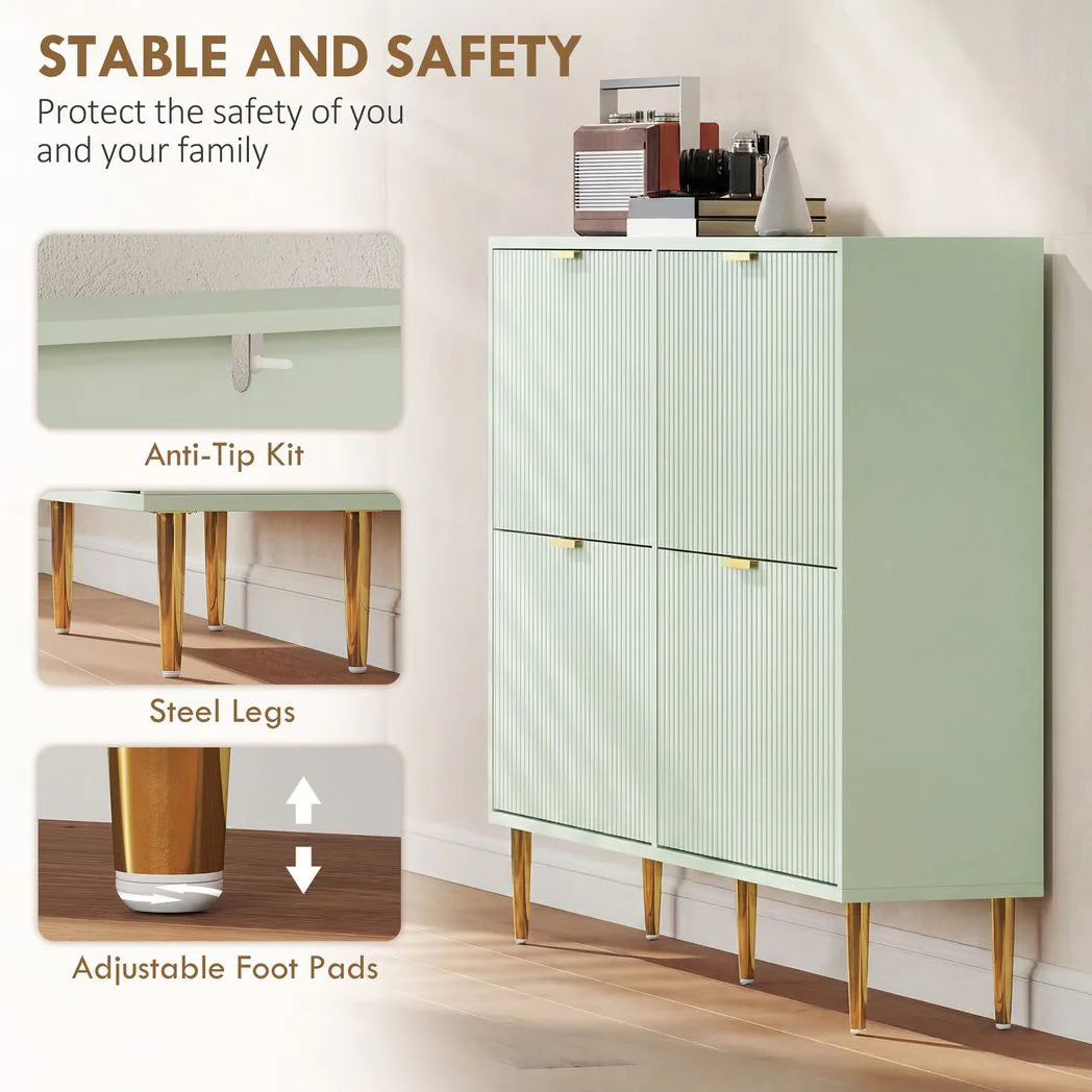 HOMCOM Slim 4-Drawer Shoe Cabinet with Ridged Doors and Gold Accents – Holds 10–20 Pairs, Light Green