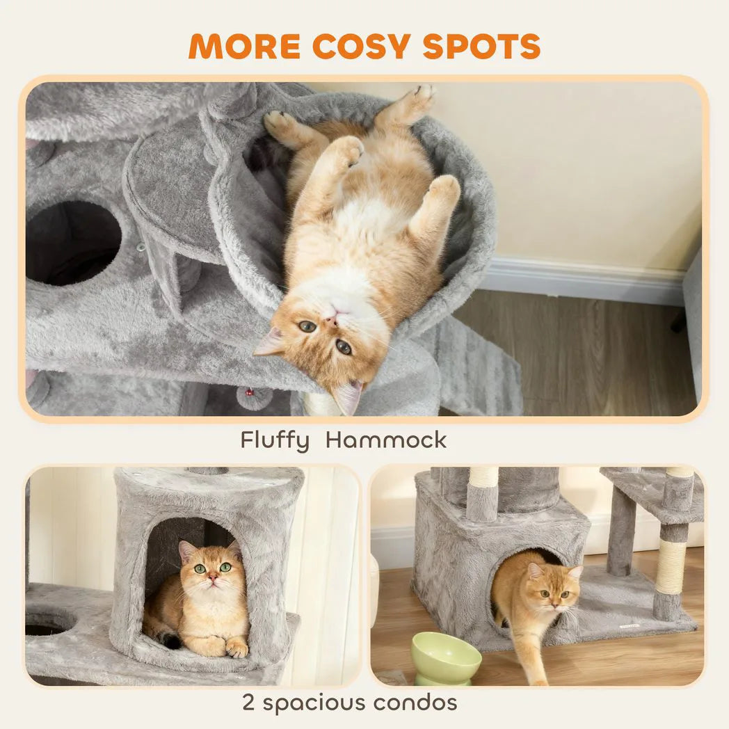PawHut 170cm Large Cat Tree with 7 Scratching Posts, 2 Condos & Hammock – Multi-Level Cat Tower, Light Grey