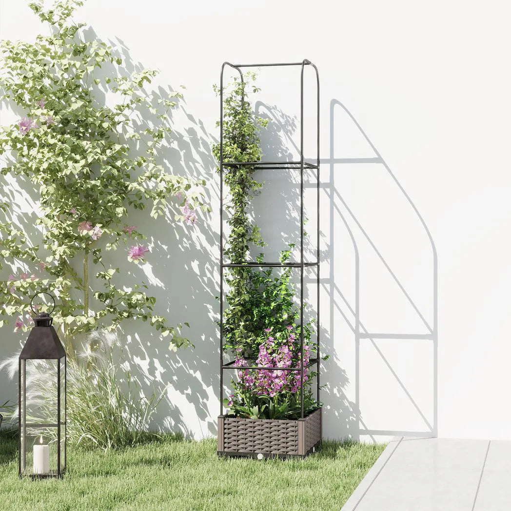 Outsunny Self-Watering Raised Garden Bed with Trellis, Plastic Planter Box with Drainage Plugs, 40 x 40 x 179cm