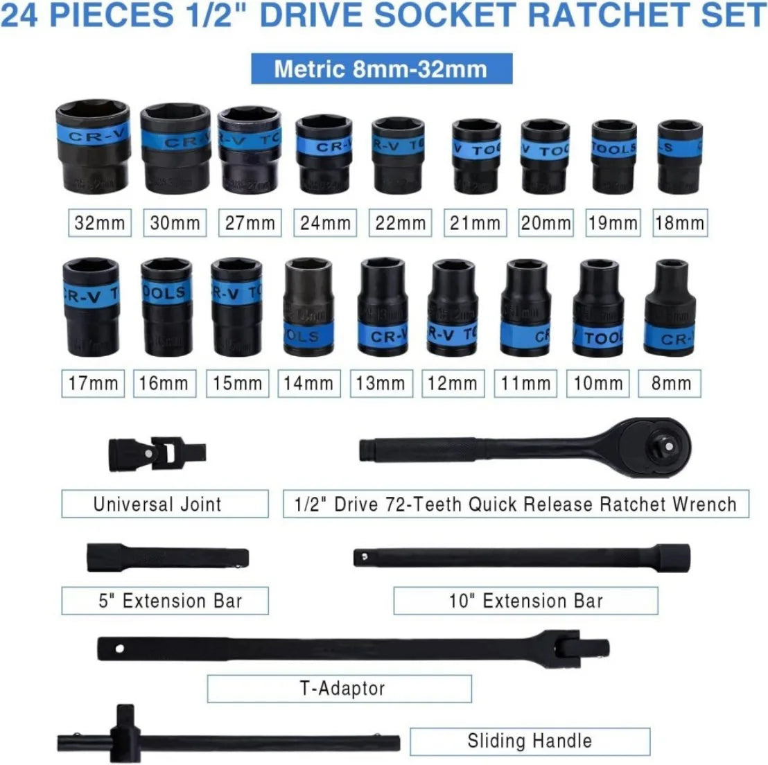 Heavy Duty 1/2" Ratchet Wrench and Metric Socket Set, 8–32mm – Chrome Vanadium Steel with Metal Case