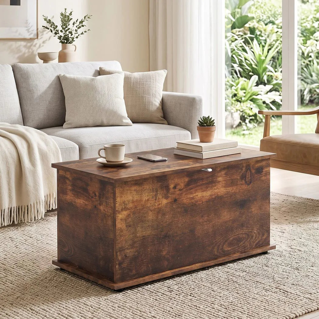 HOMCOM 102L Storage Chest & Blanket Box with Safety Hinged Lid, 80 x 40 x 45 cm – Rustic Brown