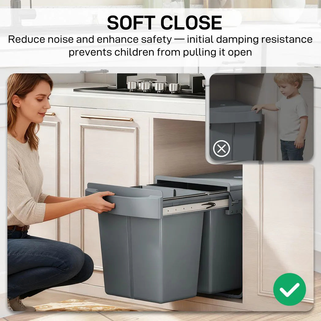 HOMCOM 40L Pull Out Under Sink Bin with 2 Removable 20L Compartments – Damped Glide Kitchen Recycling Bin, Grey