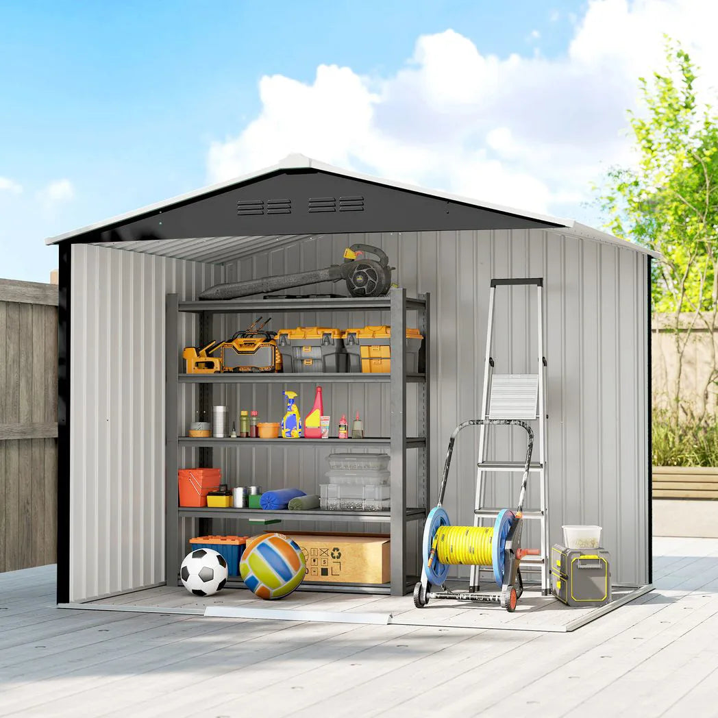 Outsunny 8 x 6ft Galvanised Steel Garden Shed with Lockable Sliding Double Doors and Vents, Dark Grey