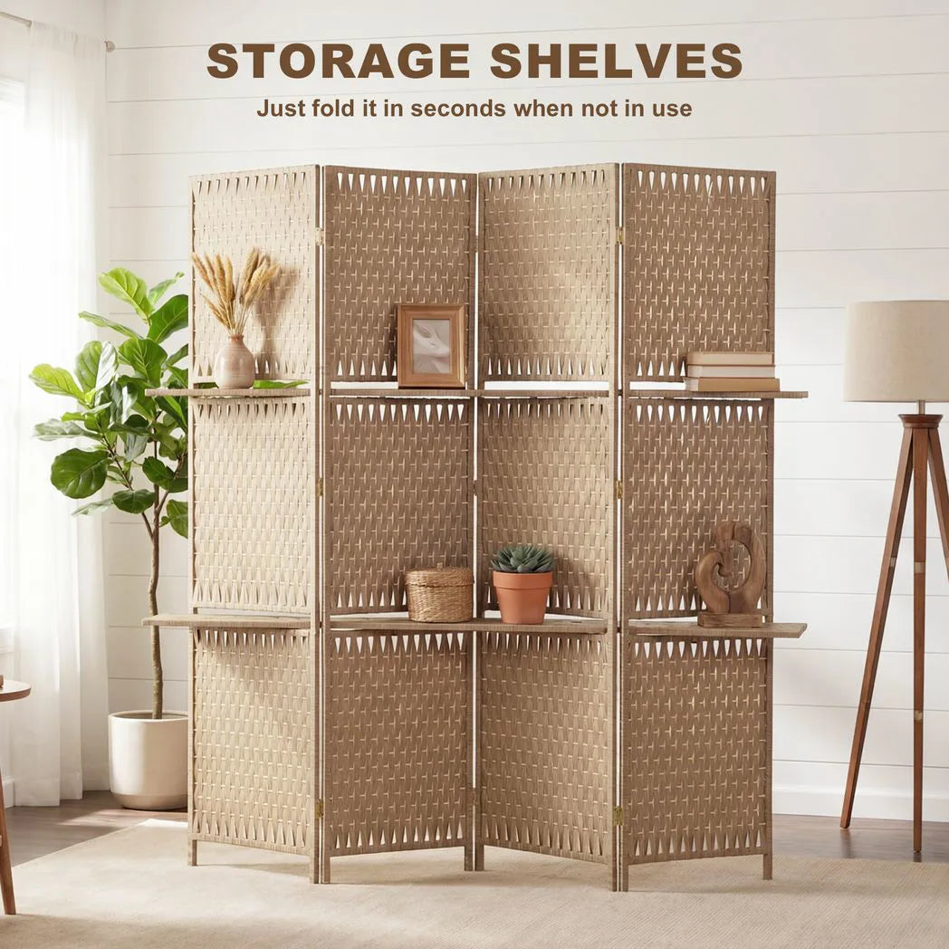HOMCOM Wave Fibre Folding Privacy Screen with Two Shelves – Freestanding 4 Panel Room Divider, Natural Wood Finish
