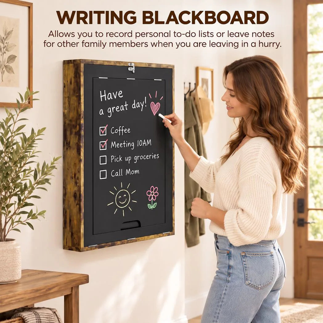 HOMCOM Folding Wall-Mounted Drop-Leaf Table with Chalkboard and Storage Shelf – Space-Saving Desk, Brown