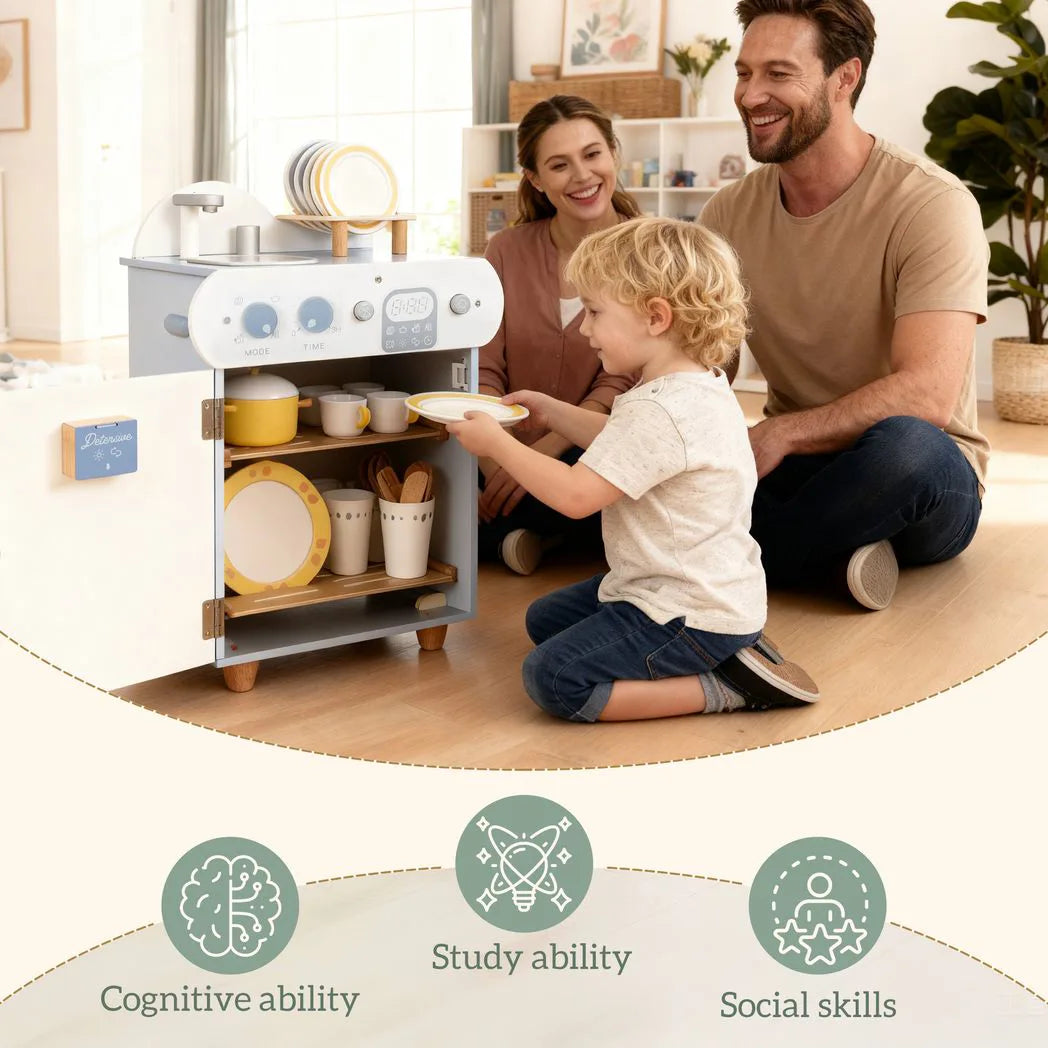 AIYAPLAY Wooden Dishwasher Playset with Faucet, Sink & 32 Accessories – Toy Kitchen Washing-Up Set