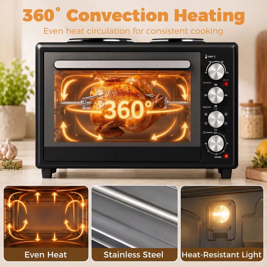 HOMCOM 46L Mini Oven with Dual Hot Plates and Convection – Electric Countertop Cooker with Rotisserie, 90–230°C