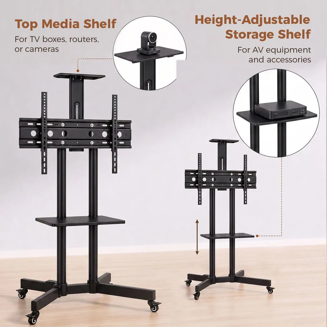 HOMCOM Mobile TV Stand on Wheels for 32–75 Inch Screens – Tilt, Height Adjustable Rolling TV Cart, Black