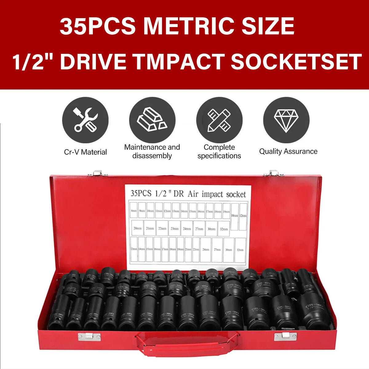 35 Piece 1/2 Inch Drive Deep Impact Socket Set, 8–32mm Metric – Chrome Molybdenum Steel with Storage Case