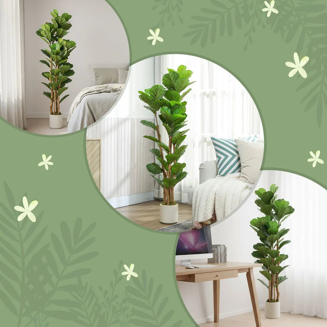 HOMCOM 150cm Artificial Fiddle Leaf Fig Tree with Pot – Realistic Faux Plant for Living Room & Office, Green