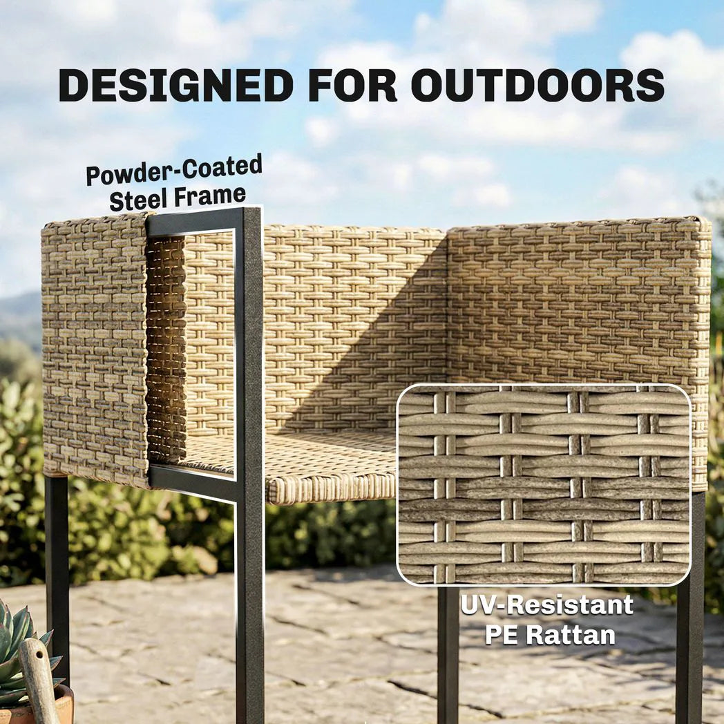 Outsunny 7 Piece Rattan Garden Dining Set with Wood-Plastic Table and 6 Stackable Chairs – Light Brown