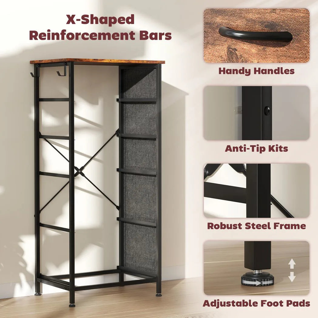 HOMCOM Chest of 5 Fabric Drawers with Steel Frame, Pockets & Hooks – Bedroom Storage, Rustic Brown