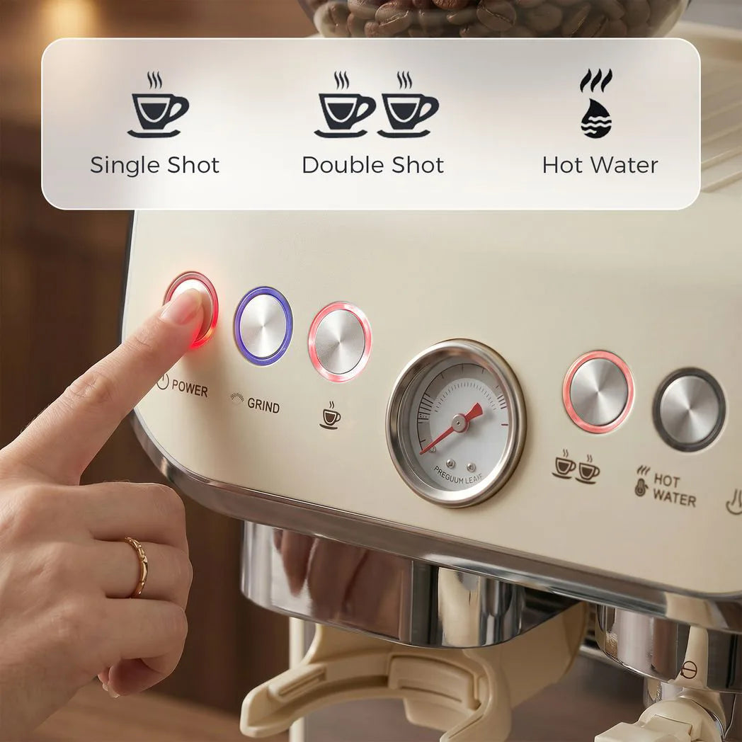 HOMCOM 15 Bar Espresso Coffee Machine with Adjustable Grinder, Steam Wand and Accessories – Cream White