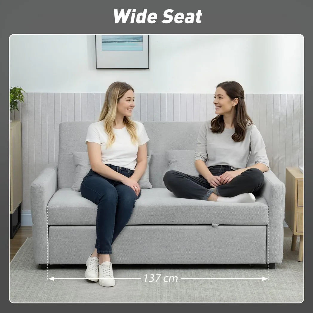HOMCOM Three-Way Two-Seater Sofa Bed with Click-Clack Reclining Back – Linen-Look Loveseat, Light Grey