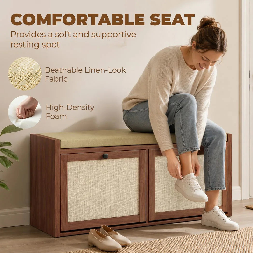 HOMCOM Rattan Shoe Bench with Padded Cushion and 2 Storage Cabinets – Brown, 108 cm
