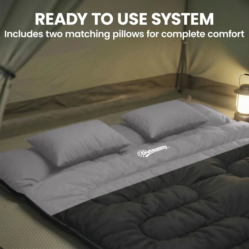 Outsunny Double Sleeping Bag with 2 Pillows, 220 x 160cm – Extra-Large Camping Bag for Adults, Black and Grey