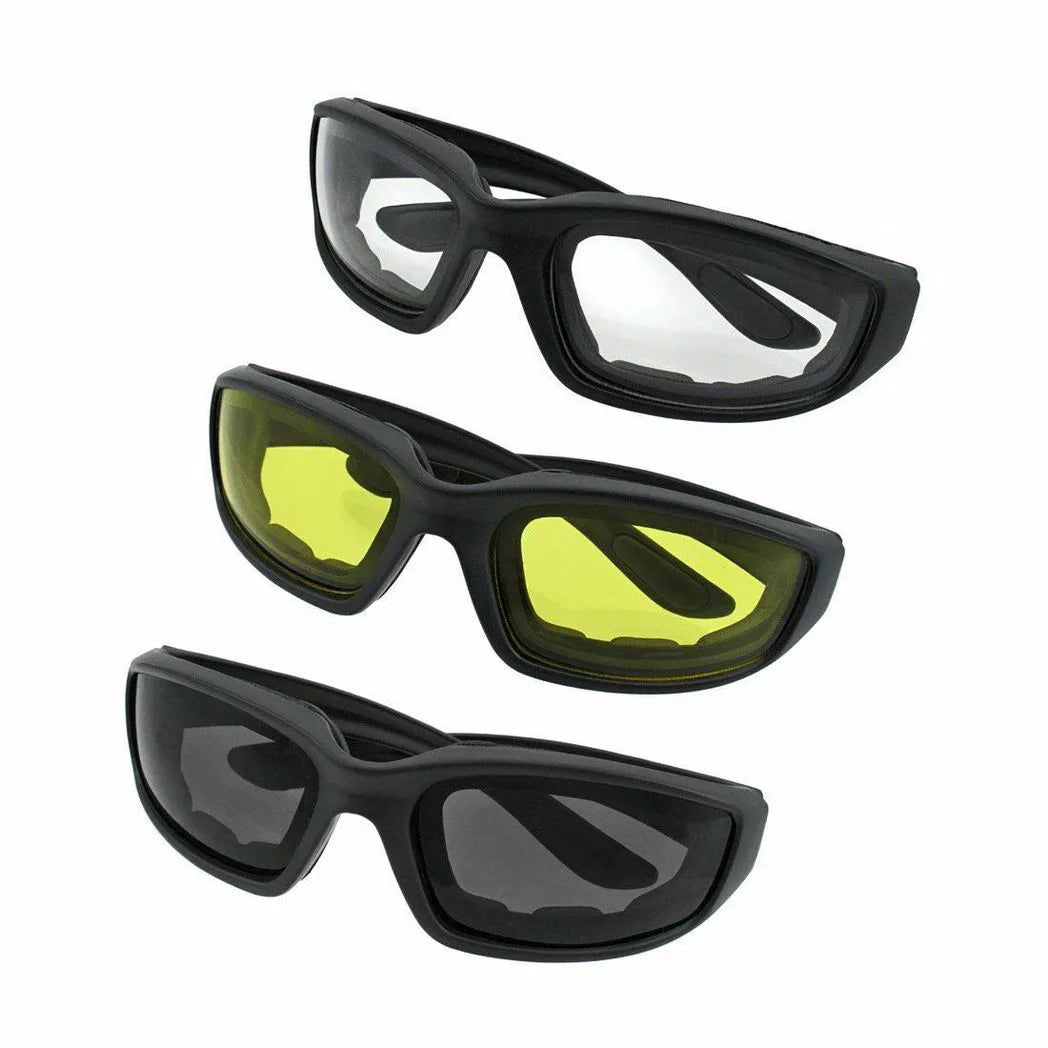 Motorcycle & Cycling Riding Glasses, Pack of 3 with Grey, Clear & Yellow Lenses – Wind-Resistant Eye Protection