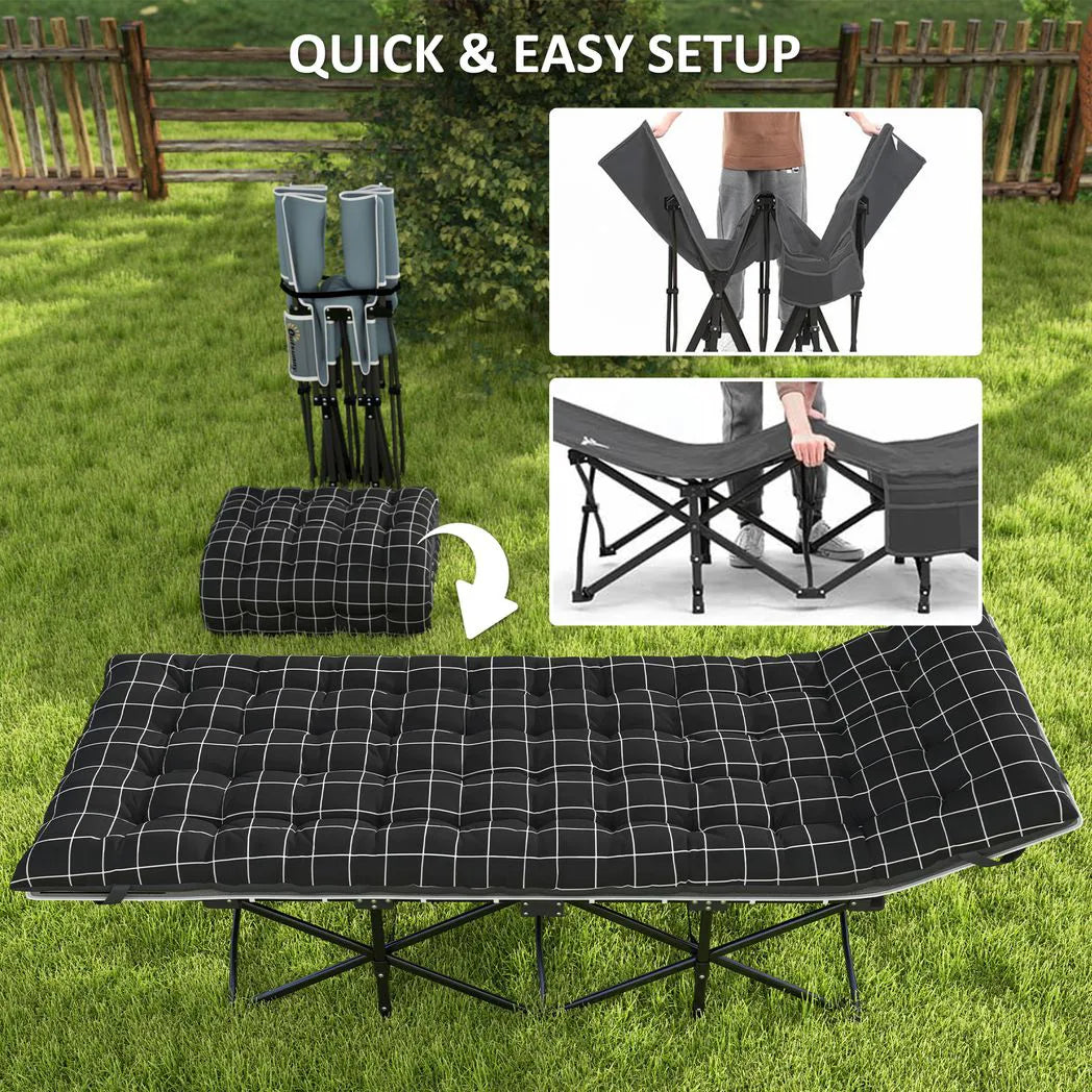Outsunny 67cm Wide Folding Camping Bed with Mattress, Storage Pocket and Carry Bag, 150kg Max Load – Black