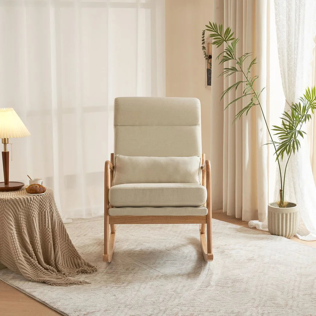 100*65*101cm High Back Belt Waist Pillow Log Color Solid Wood Armrest Backrest Seat Frame Iron Frame Indoor Rocking Chair/armchair dual use Off-white Linen