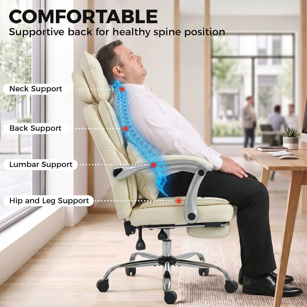 HOMCOM Executive Big and Tall Office Chair, 180kg Capacity, Reclining PU Leather with Footrest, Beige