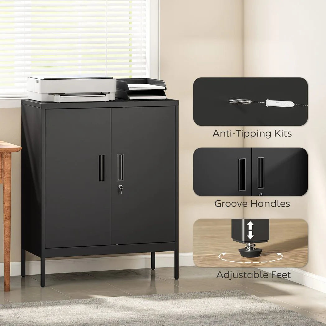 HOMCOM Metal Storage Cabinet with Lock and 2 Adjustable Shelves – Garage and Office Storage, Black