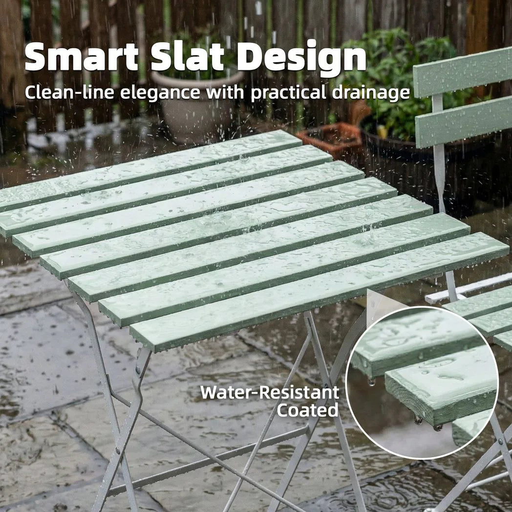 Outsunny 3-Piece Folding Bistro Set, 2 Chairs & Table – Metal and Acacia Wood Patio Furniture, White/Green
