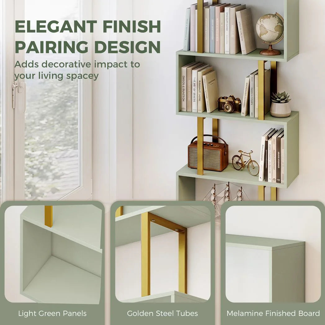 HOMCOM S-Shaped 6-Tier Bookshelf with Anti-Tip Strap – Freestanding Open Display Shelves for Living Room, Light Green