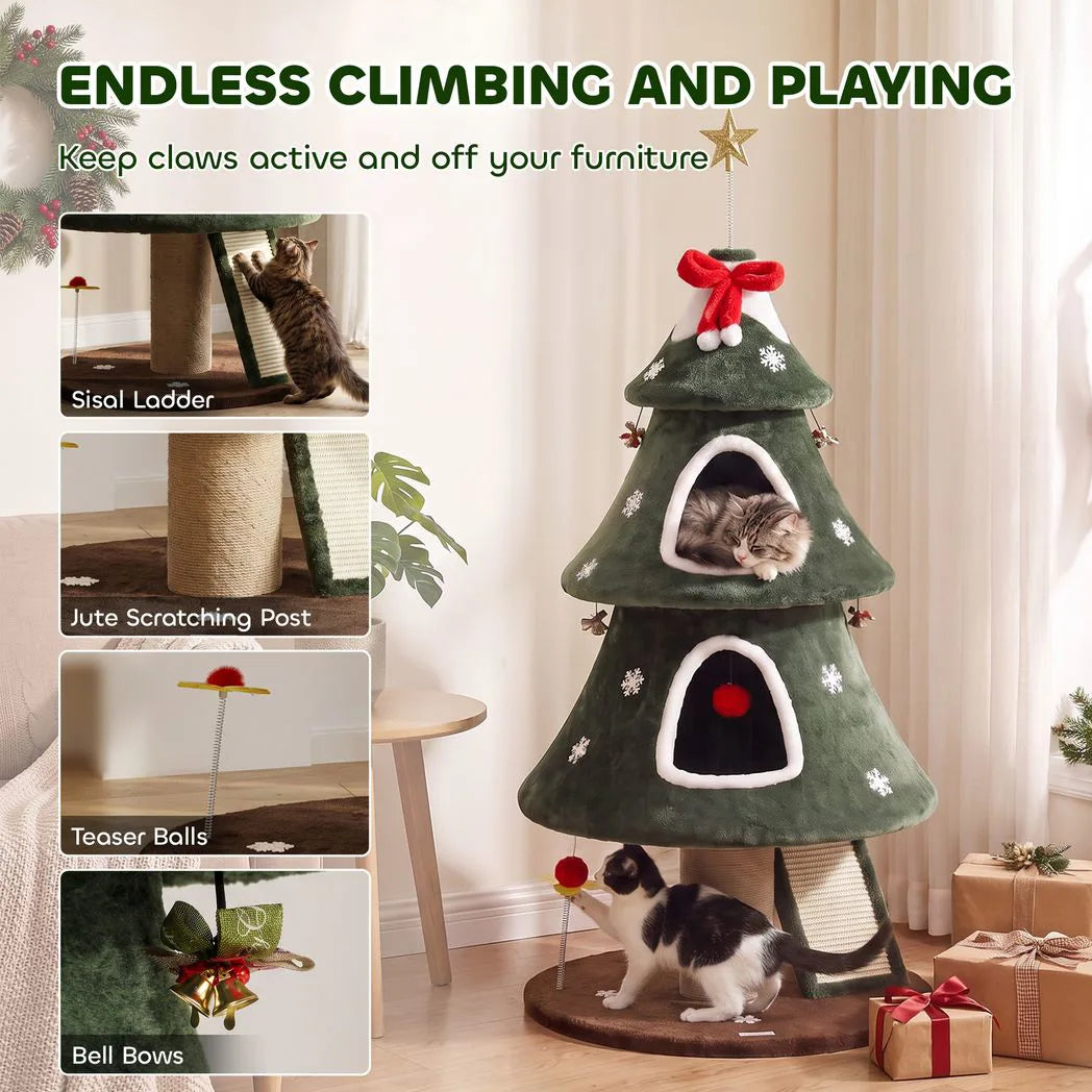 PawHut Christmas Cat Tree with Dual Condos, Sisal Ladder & Anti-Tip Rope – 132 cm Festive Cat Tower