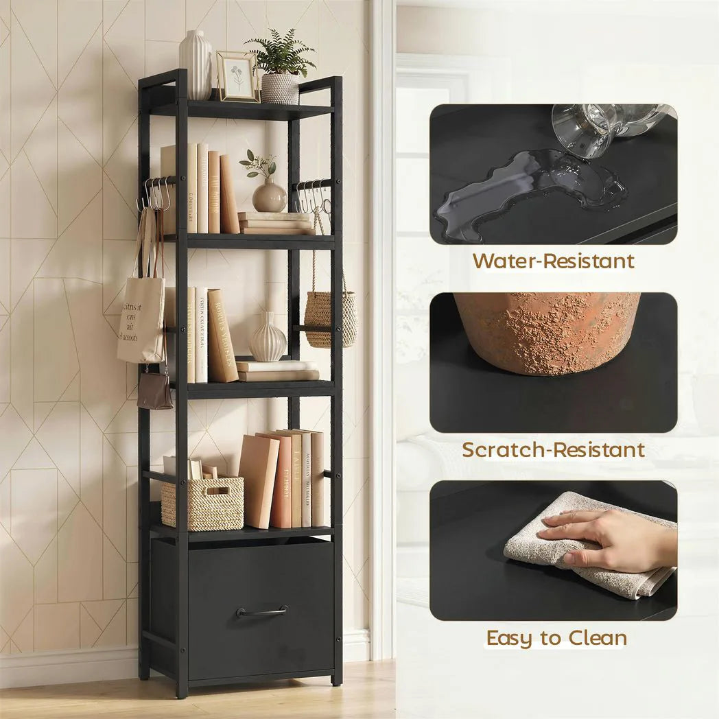 HOMCOM 4-Tier Narrow Bookshelf with Drawer, 8 Hooks and Metal Frame – Slim Bookcase, Black