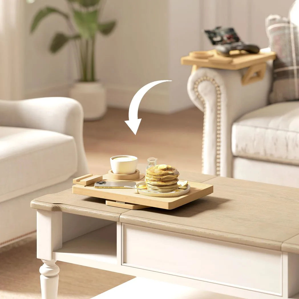 HOMCOM Anti-Slip Bamboo Sofa Armrest Tray with 360° Phone Holder & Removable Cup Holder – Natural