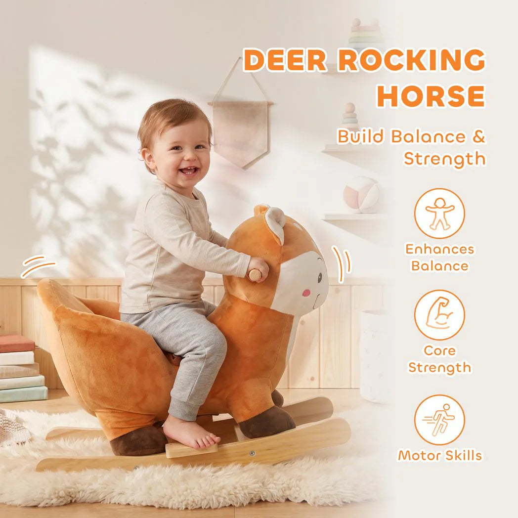 AIYAPLAY Deer Rocking Horse with Sounds, Security Belt & Rocking Stopper – Toddler Ride On, 1-3 Years, Brown